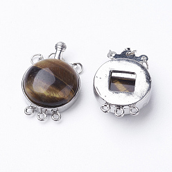 Tiger Eye Natural Tiger Eye Box Clasps, with Brass Finding, Flat Round, Platinum, 26.5x17.5x8~9mm, Hole: 1mm