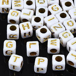 Letter Golden Plating Acrylic Beads, Metal Enlaced, Cube, Random Mixed Letters, 6x6x6mm, Hole: 3mm