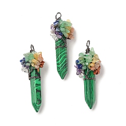 Malachite 7 Chakra Pointed Synthetic Malachite Big Pendants, Chip Gems Tree Faceted Bullet Charms with Red Copper Plated Rack Plating Copper Wire Wrapped, Cadmium Free & Lead Free, 62~66.5x22~26x17.5~18mm, Hole: 4.2~6.5mm
