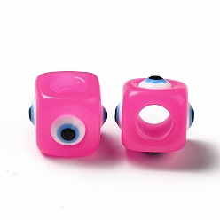 Hot Pink Resin Evil Eye European Beads, Large Hole Bead, Cube, Hot Pink, 12.5x14~14.5x14~14.5mm, Hole: 6mm