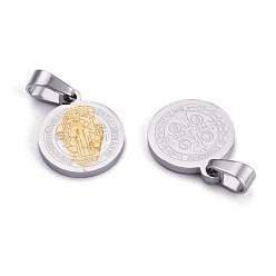 Golden & Stainless Steel Color Flat Round with San Benito & Word 304 Stainless Steel Charms, Golden & Stainless Steel Color, 14x12x1.2mm, Hole: 4x6.5mm