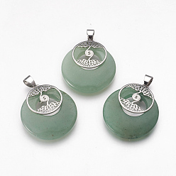 Green Aventurine Natural Green Aventurine Pendants, with Platinum Tone Brass Findings, Flat Round with Tree of Life, 32x28x6mm, Hole: 4x5mm