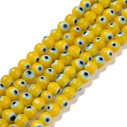 Amarillo Hechos a mano de cristal de murano mal ojo hebras de perlas redondas, amarillo, 4 mm, agujero: 1 mm, sobre 100 unidades / cadena, 14.56 pulgada