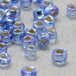 Cornflower Blue 12/0 Grade A Round Glass Seed Beads, Square Hole, Silver Lined, AB Color Plated, Cornflower Blue, 2x1mm, Hole: 0.3x0.3mm