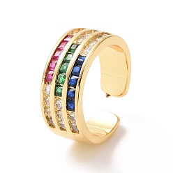 Real 18K Gold Plated Colorful Cubic Zirconia Triple Line Open Cuff Ring, Brass Jewelry for Women, Real 18K Gold Plated, US Size 5 1/4(15.9mm)