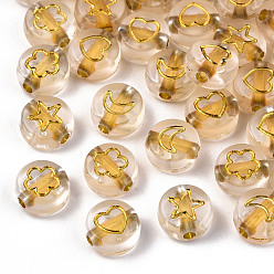 Goldenrod Transparent Acrylic Beads, Flat Round, Moon & Heart Flower & Star, Goldenrod, 7x4mm, Hole: 1.5mm, about 3700pcs/500g