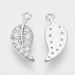 Platinum Brass Micro Pave Clear Cubic Zirconia Pendants, Nickel Free, Leaf, Real Platinum Plated, 15.5x6.5x1.5mm, Hole: 1.2mm