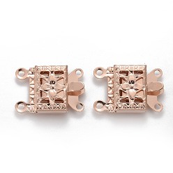 Rose Gold 304 Stainless Steel Box Clasps, Multi-Strand Clasps, 2-Strands, 4-Holes, Rectangle with Flower, Rose Gold, 15x10x3mm, Hole: 1mm