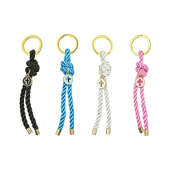 Mixed Color Nylon Knot & Alloy Enamel Keychain, with Iron Rings, Flat Round with Cross, Mixed Color, 12cm