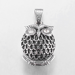 Clear 304 Stainless Steel Pendants, with Cubic Zirconia, Owl, for Halloween, Antique Silver Metal Color, Clear, 32x23x14mm, Hole: 9x5mm