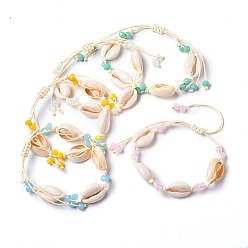 Mixed Color Adjustable Braided Bead Bracelets, with Natural Cowrie Shell Beads, Rondelle Glass Beads and Waxed Polyester Cord, Mixed Color, Inner Diameter: 2-1/4 inch~3-3/4 inch(5.6~9.6cm)