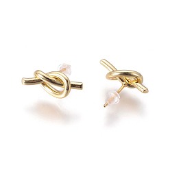 Golden Brass Stud Earrings, with Plastic Ear Nuts, Long-Lasting Plated, Knot, Golden, 8x17x4mm, Pin: 0.7mm