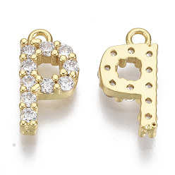 Letter P Brass Micro Pave Cubic Zirconia Charms, Nickel Free, Letter, Clear, Real 18K Gold Plated, Letter.P, 13.5x7x2.5mm, Hole: 1.2mm