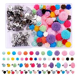 Mixed Color DIY 3D Flower Stud Earring Making Kit, Including Rose Dahlia Resin Cabochons, 304 Stainless Steel Ear Stud Earring Settings, Mixed Color, 196Pcs/box