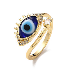 Синий Открытое кольцо-манжета сглаз лэмпворк с прозрачным кубическим цирконием, настоящие позолоченные украшения из латуни для женщин, синие, внутренний диаметр: 18 мм