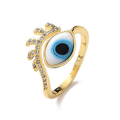 White Lampwork Evil Eye Cuff Ring with Clear Cubic Zirconia, Real 18K Gold Plated Brass Jewelry for Women, White, Inner Diameter: 18mm
