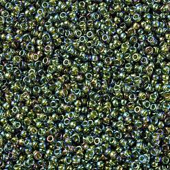 (RR361) Chartreuse Lined Olivine AB Cuentas de rocailles redondas miyuki, granos de la semilla japonés, (rr 361) olivino rayado chartreuse ab, 11/0, 2x1.3 mm, Agujero: 0.8 mm, sobre 5500 unidades / 50 g