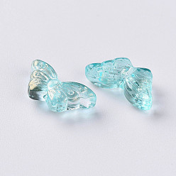 Turquoise Medio Perlas de vidrio pintado en aerosol transparente, con polvo del brillo, mariposa, medio turquesa, 8x15x4.5 mm, agujero: 1 mm