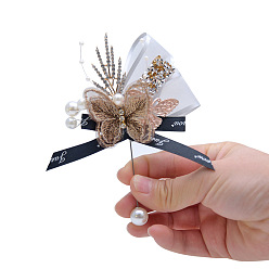 Verge D'or Tissu de soie imitation papillon & bowknot corsage boutonnière, avec des perles en plastique et strass, pour homme ou marié, garçons d'honneur, mariage, décorations de fête, verge d'or, 130x100mm