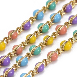 Colorful Handmade Enamel Beaded Chains, Soldered, with Brass Chains, Real 18K Gold Plated, Long-Lasting Plated, with Spool, Colorful, 4~5x2x2~3mm, about 32.8 Feet(10m)/roll