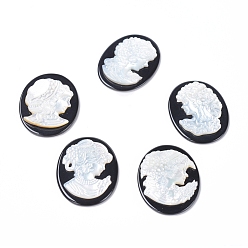 Black Agate Natural Black Agate Cameo Cabochons, with Shell, Oval with Women Portrait, White, 40x30x3.5~4.5mm