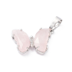 Rose Quartz Natural Rose Quartz Pendants, with Rack Plating Platinum Plated Brass Findings,  Pendants, with Brass Findings, Cadmium Free & Lead Free, Faceted Butterfly Charms, 17x22.5x4mm, Hole: 8x5mm
