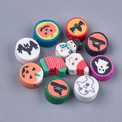 Mixed Color Halloween/Christmas Theme Handmade Polymer Clay Beads, Mixed Shapes, Mixed Color, 9~12x6~12x4.5~5mm, Hole: 1.4~1.5mm