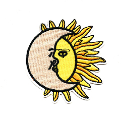 Colorido Tela de bordado computarizada para planchar / coser parches, accesorios de vestuario, apliques, luna con sol, colorido, 70x69 mm