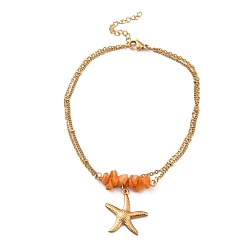 Starfish Dyed Natural Shell Chips Charms Anklet, Golden 304 Stainless Steel Chains Double Layer Anklet, Starfish, 8-7/8 inch(22.5cm)