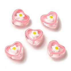 Pink Transparent Glass Beads, with Enamel Wave Pattern, Heart, Pink, 12x12x6.5mm, Hole: 1mm