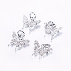 Real Platinum Plated Long-Lasting Plated Brass Micro Pave Cubic Zirconia Charms, Butterfly, Real Platinum Plated, 11x12x2.5mm, Hole: 3mm