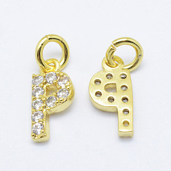 Real 18K Gold Plated Brass Micro Pave Grade AAA Cubic Zirconia Charms, Letter P, Cadmium Free & Nickel Free & Lead Free, Real 18K Gold Plated, 9x4.5x1.5mm, Hole: 2mm