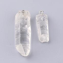 Cristal de Quartz Pendeloques de cristal de quartz naturel, pendentifs en cristal de roche, avec les accessoires en laiton de tonalité de platine, nuggets, 32~47x11~16x8~13mm, Trou: 2mm