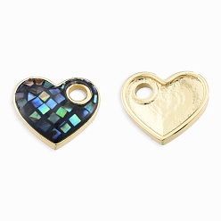 Black Natural Abalone Shell/Paua Shells Dyed Charms, with Real 18K Gold Plated Brass Findings, Nickel Free, Heart, Black, 13x14x3mm, Hole: 3mm