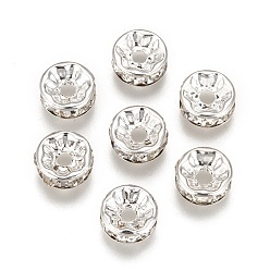 Crystal Brass Rhinestone Spacer Beads, Grade A, Straight Flange, Silver Color Plated, Rondelle, Crystal, 6x3mm, Hole: 1mm