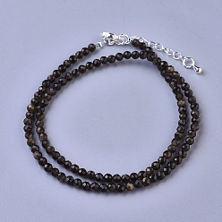 Obsidian Natural Golden Sheen Obsidian Beaded Necklaces, with Brass Lobster Claw Clasps, Faceted Round Beads, 16.5 inch~16.7 inch(42~42.5cm)x2mm
