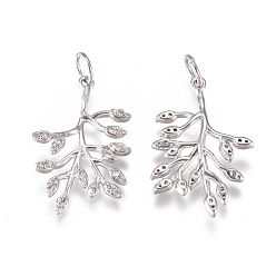 Platinum Brass Pendants, with Micro Pave Cubic Zirconia and Jump Rings, Branches and Leaves, Clear, Platinum, 22x14.5x2mm, Hole: 3.5mm