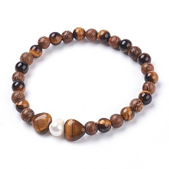 Tiger Eye Natural Tiger Eye Stretch Bracelets, with Grade B Pearl Beads and Wood Beads, 2 inch(5.2cm)~2-1/8 inch(5.4cm)