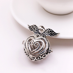 Antique Silver Brass Bead Cage Pendants, Hollow Heart Charms with Wing, for Chime Ball Pendant Necklaces Making, Antique Silver, 18mm