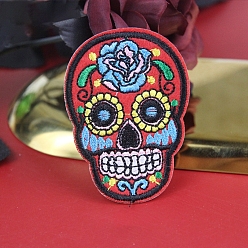 Red Sugar Skull Computerized Embroidery Style Cloth Iron on/Sew on Patches, Appliques, Badges, for Clothes, Dress, Hat, Jeans, DIY Decorations, for Mexico Day of the Dead, Red, 73x54mm