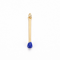 Blue Brass Enamel Pendants, with Jump Ring, Cadmium Free & Nickel Free & Lead Free, Match, Real 16K Gold Plated, Blue, 30x4.5mm, Jump Ring: 5x1mm, 3mm inner diameter