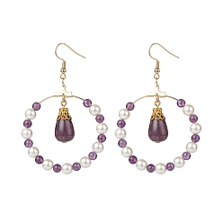 Golden Shell Pearl & Natural Amethyst Beaded Big Ring with Teardrop Dangle Earrings, 304 Stainless Steel Jewelry for Women, Golden, 68mm, Pin: 0.5mm