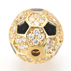 Golden Brass Micro Pave Cubic Zirconia Beads, with Enamel, FootBall/Soccer Ball, Golden, 9.5~10mm, Hole: 1.5mm
