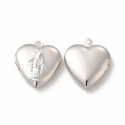 Platinum Brass Locket Pendants, Photo Frame Charms for Necklaces, Long-Lasting Plated, Heart with Saint Charm, Platinum, 22.5x19.5x5.5mm, Hole: 1.8mm