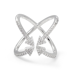 Platinum Cubic Zirconia Criss Cross with Arrow Open Cuff Ring, Brass Jewelry for Women, Lead Free & Cadmium Free, Platinum, Inner Diameter: 16~16.5mm