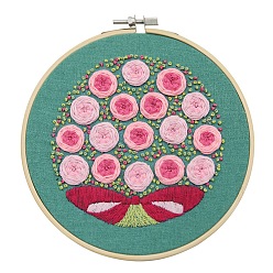 Flower Embroidery Kit, DIY Cross Stitch Kit, with Embroidery Hoops, Needle & Cloth with Rose Pattern, Colored Thread, Instruction, Rose Pattern, 21.4x21x0.03cm, 1color/line, 7color