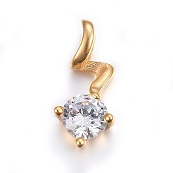 Golden Cubic Zirconia Pendants, with 304 Stainless Steel Findings, Flat Round, Clear, Golden, 17x8x5mm, Hole: 4x3mm