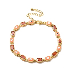 Orange Bracelet chaîne à maillons rectangulaires en émail mauvais œil et zircone cubique, bijoux en laiton doré pour femme, orange, 7-1/4 pouce (18.5 cm)