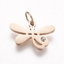 Rose Gold 316 Surgical Stainless Steel Pendants, with Rhinestone, Dragonfly Charms, Rose Gold, 10x15x1.5mm, Hole: 3.5mm