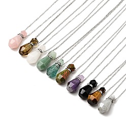 Mixed Stone Openable Faceted Natural & Synthetic Mixed Stone Perfume Bottle Pendant Necklaces for Women, 304 Stainless Steel Cable Chain Necklaces, Stainless Steel Color, 18.74 inch(47.6cm)